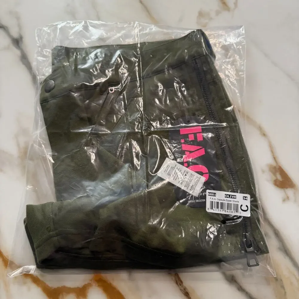 NEW Andrew Christian mens F.A.G. Capsule Zipper Shorts Color Olive Green Size 34